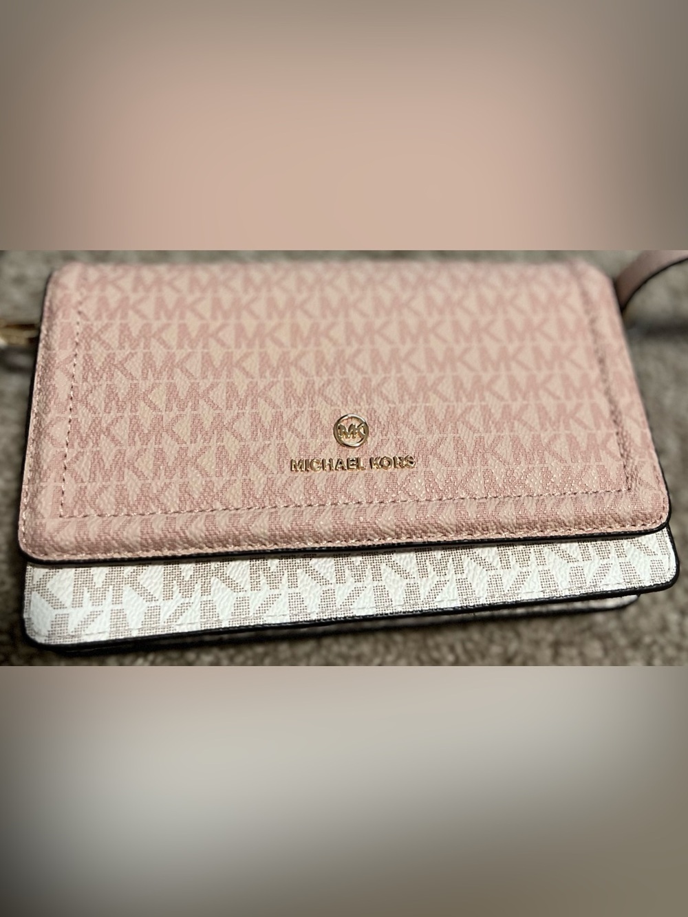 Michael Kors Pink and White MK Signature Crossbody Wallet with Gold Logo